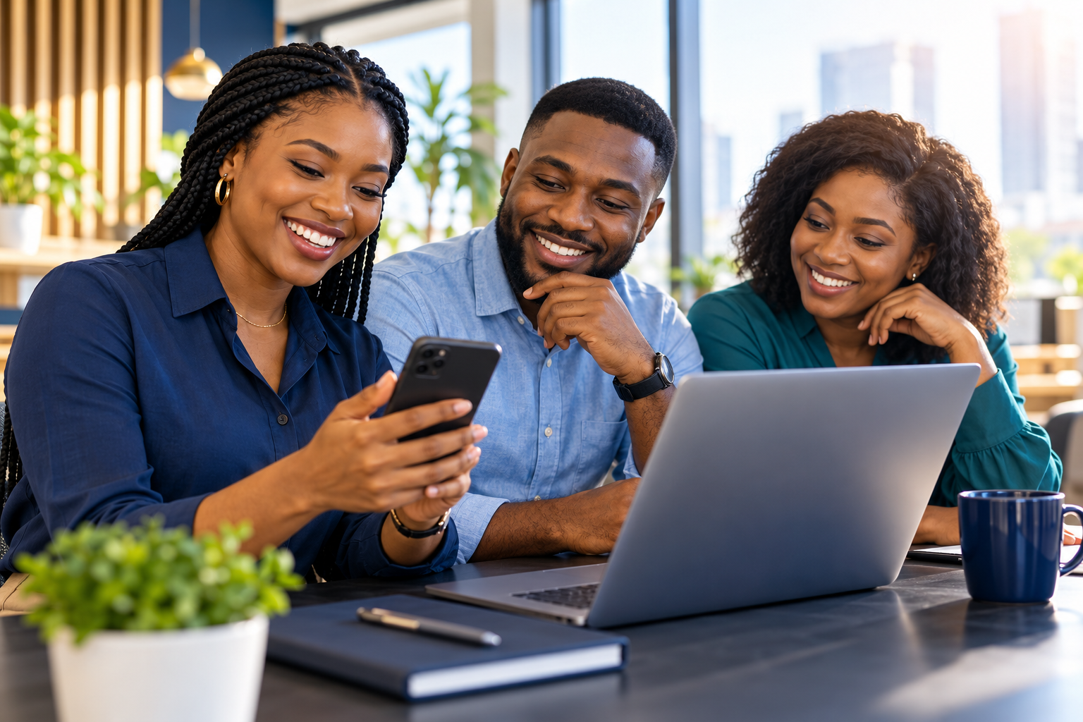 Illustration of smiling professionals sharing ideas around a laptop